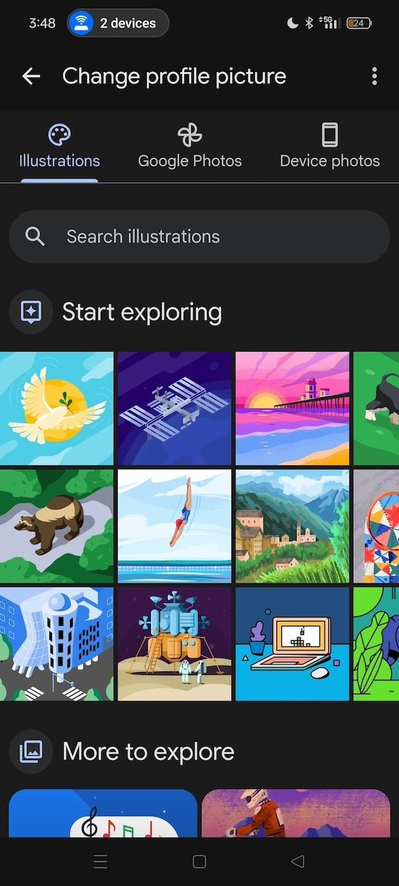 Illustration options for Google account profile picture on Android
