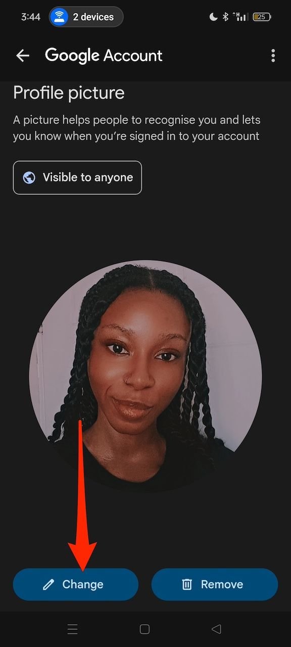 Selecting Change option for Google account profile picture on Android