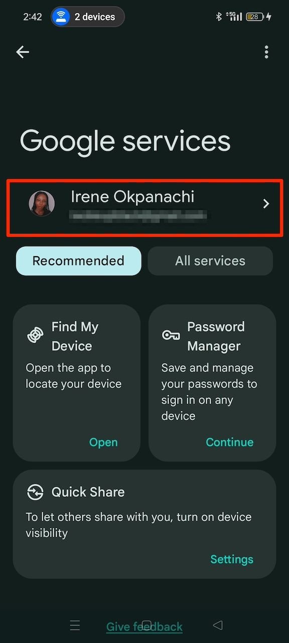 Selecting account name in Google services menu on Android