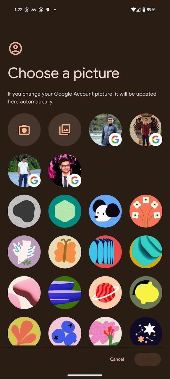 Choose a picture screen showing updated avatar picker with Google account images