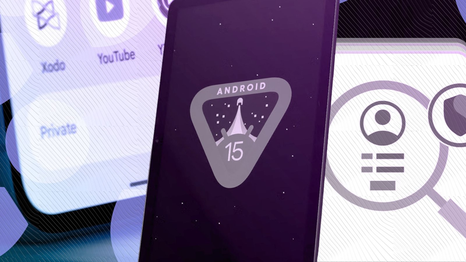 A photo illustration of a phone with the Android 15 logo against a light purple background with apps