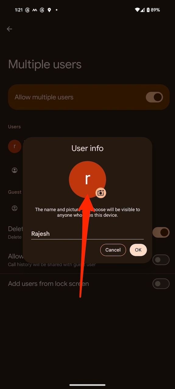 User info in Multiple users menu on Google Pixel